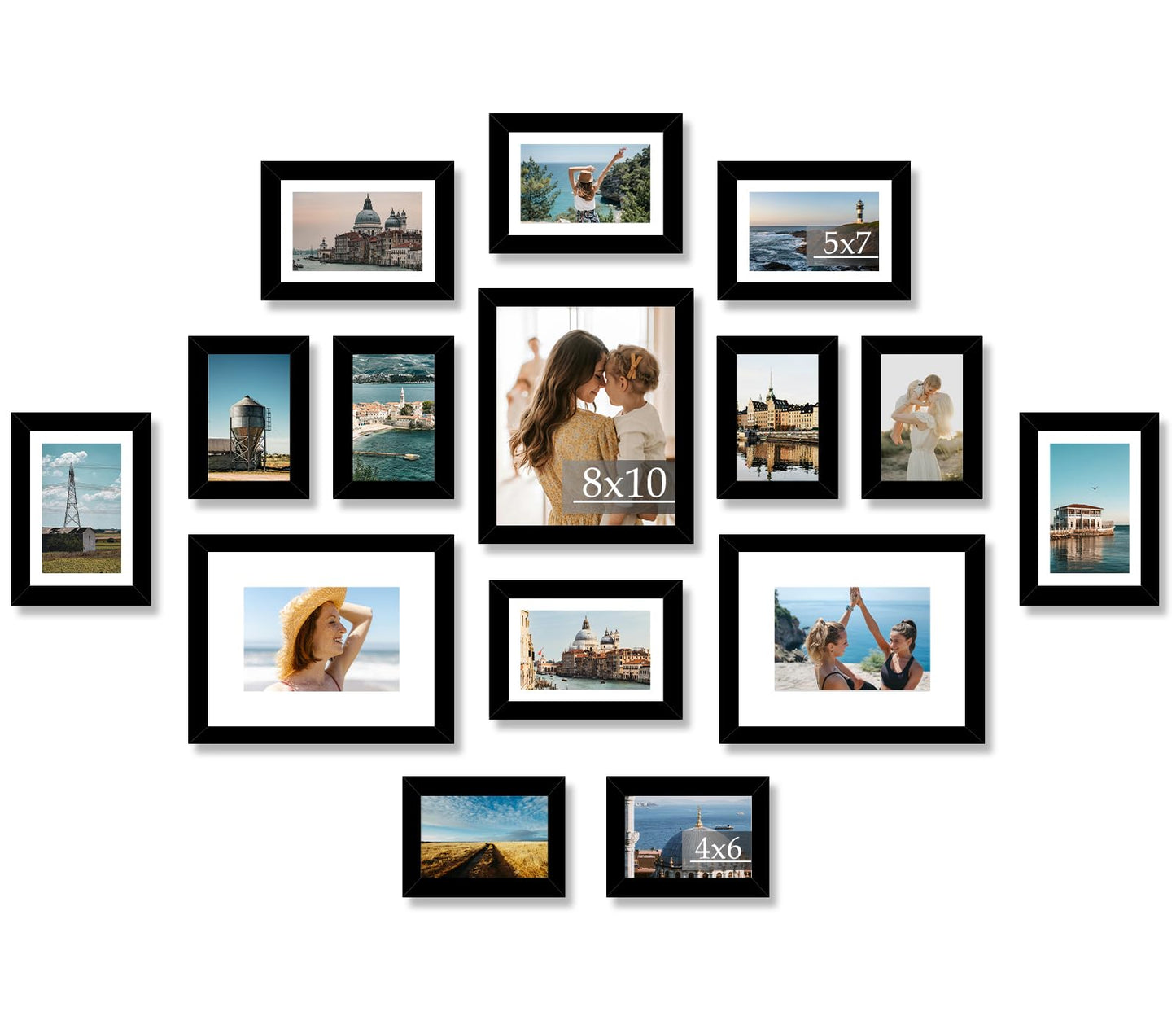 JCJMY 15 Pack Picture Frames Collage Wall Decor for Wall Hanging or Tabletop, Gallery Wall Frame Set for Family, Multi Sizes Photo Frames Collage Including 3Pcs 8x10, 6Pcs 5x7, 6Pcs 4x6, Black
