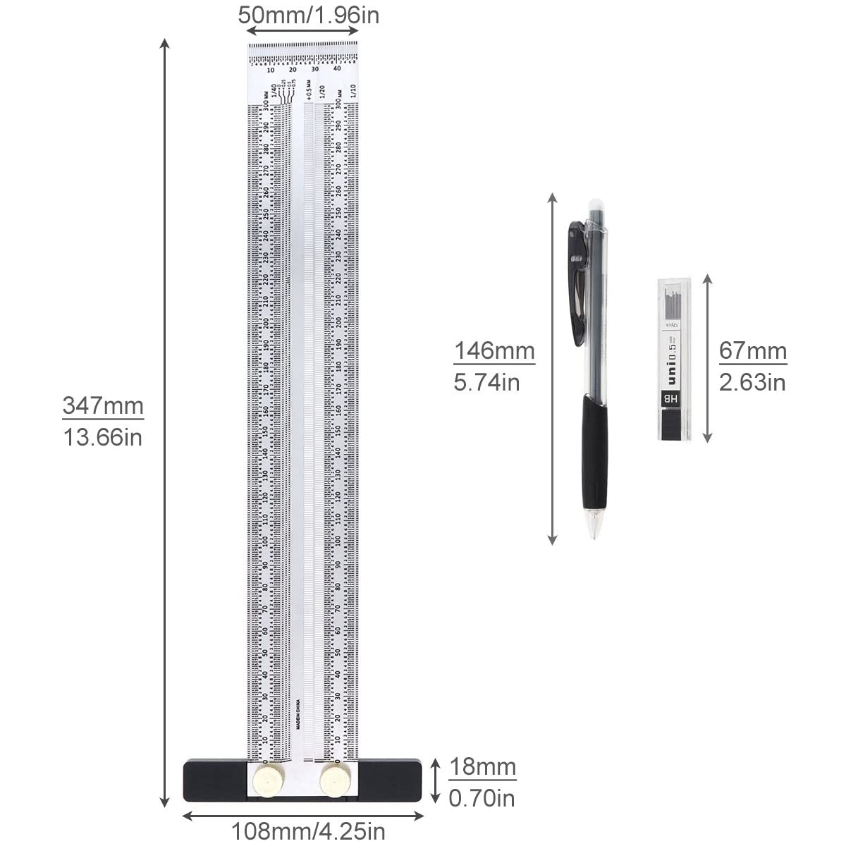 Smgda Precision Marking T-Rule Stainless Steel T Square with Mechanical Pencil & 0.5mm Refill Scribing Line Ruler for Marking or Measuring, for Carpenters, Designers, Architects, Engineers 300mm