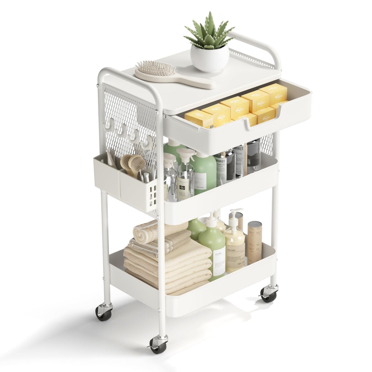 HIDODO 3 Tier Rolling Cart with Drawer, Metal Rolling Utility Cart on Wheels with Pegboard, Art Cart Storage Organizer with Tabletop for Living Room, Office, Bedroom (White)