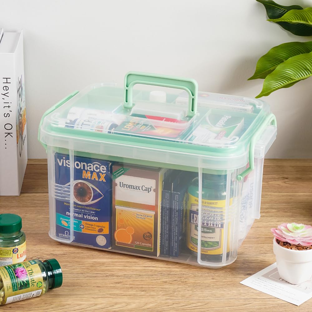 HEY FOLY 15qt Clear Medicine Organizer Storage Box with Tray, Plastic First Aid Box Empty, Thickened Medicine Container Chest, Multipurpose Medical Case with Labels, Medicine Caddy with Lids Handles