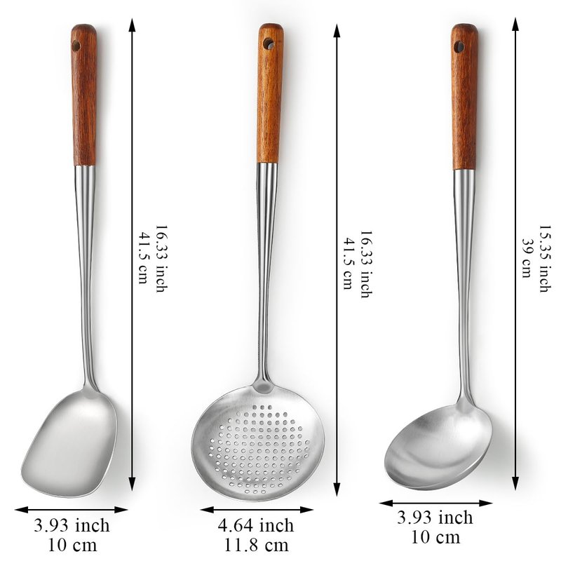 Evanda Wok Spatula Set 17", Heat Resistant Wood Handle Stainless Steel Wok Tools, Ladle, Metal Spatula, Kitchen Skimmer, Professional Kitchen Cooking Utensils Set, Wok Accessories Dishwasher Safe