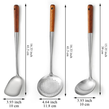 Evanda Wok Spatula Set 17", Heat Resistant Wood Handle Stainless Steel Wok Tools, Ladle, Metal Spatula, Kitchen Skimmer, Professional Kitchen Cooking Utensils Set, Wok Accessories Dishwasher Safe