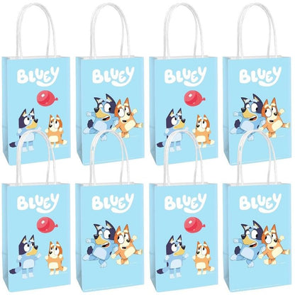 Multicolor Bluey Printed Party Favor Bags - 8.25" x 5.25" x 3", Pack of 8 Blue Kraft Treat Bags - Perfect Paper Bags for Kids Birthday, Baby Shower, Themed Party & More
