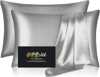 Mulberry Silk Pillowcase Set by Skiennix - Anti-Acne & Hair Care | King Size, Silver Grey, 2 Pack