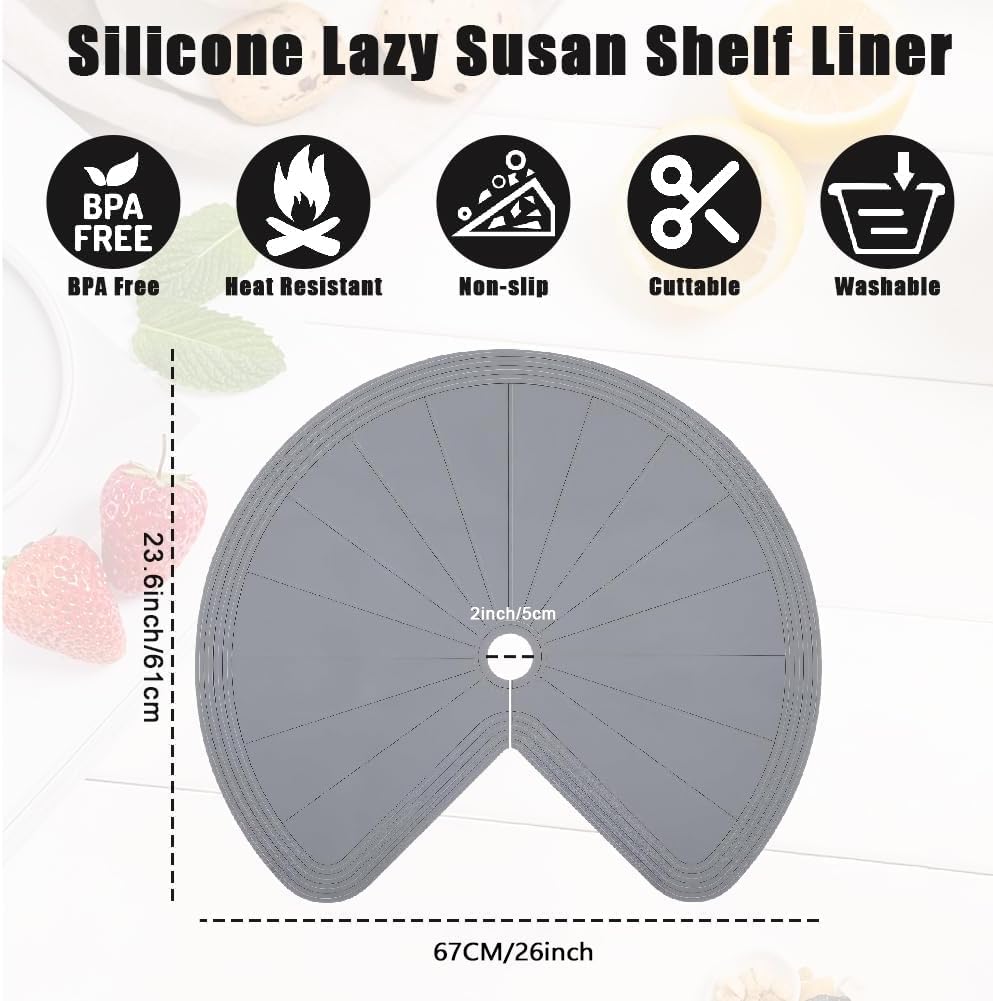 2 26" PCS Lazy Susan Shelf Liner, Jaxbo Silicone Lazy Susan Liner for Dual Tier Pie Cut Organizer,Non-Slip Thermal