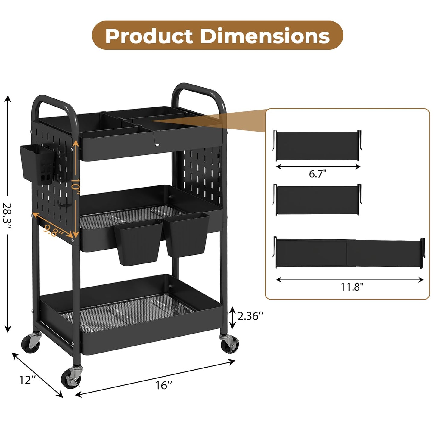 danpinera Craft Cart, Black Rolling Cart with Retractable Dividers & DIY Pegboards for Kitchen, Bedroom, Laundry