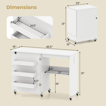 Giantex Folding Sewing Table with Charging Station, Rolling Craft Table with Storage Trays & Shelf, Foldable Sewing Machine Cabinet Desk with Lockable Wheels for Small Spaces (White)