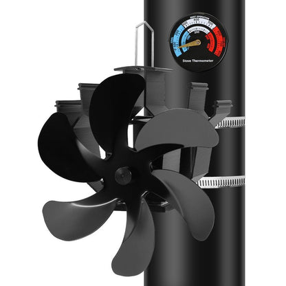 Heat Powered Fireplace Fan Wall Mounted, Wood Stove Fan Thermal Fan for Wood/Log Burning Stove Pellet/Gas Burner, Stove Accessories Thermometer (6 Blade)