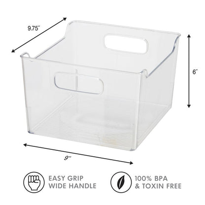 Oggi Storage Bin With Handles - Deep (9.75" x 9" x 6") - Ideal for Kitchen Organization, Pantry Storage, Fridge Organizing, Clear