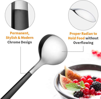 4-Piece Stainless Steel Dinner Spoons, 8 inches Comfort Long Handle, Mirror Polished Flatware, Dishwasher Safe (Black)