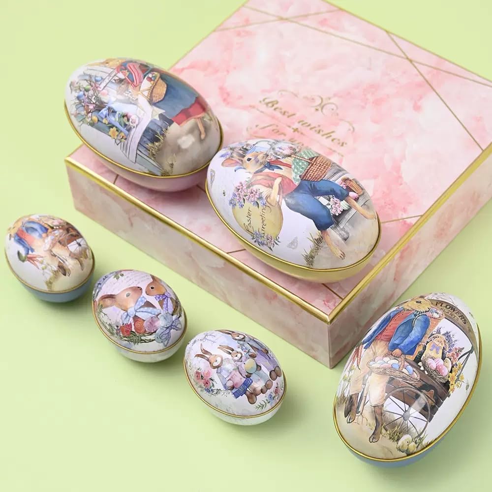 LASIYUAN 4pcs Pieces Painted Eggshell Style tin Box for Easter，Reusable Metal Egg Tins by ，for Easter Parties Decorations Storage Style (4 big)