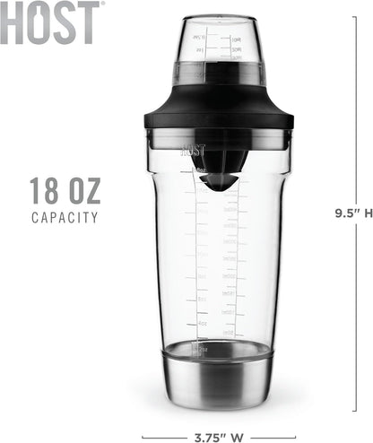 Host All in One Cocktail Shaker Set with Measurements, Reamer, Bottle Opener, Strainer, Jigger, 18 oz
