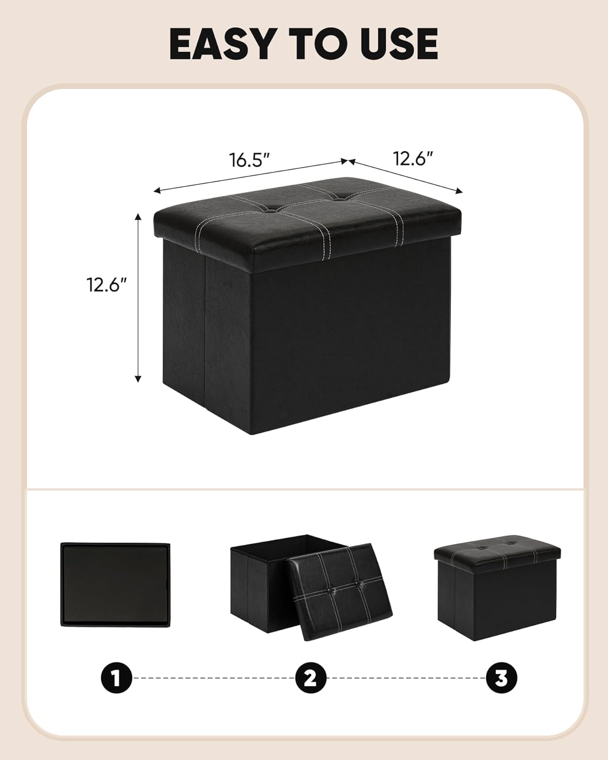 16.5"x12.6"x12.6" B FSOBEIIALEO Folding Storage Ottoman Cube, Faux Leather Footrest Seat Coffee Table, Black