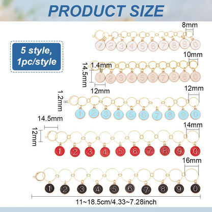 BENECREAT 5 Pcs 5 Styles Alloy Enamel Number 0~9 Knitting Row Counter Chain, Brass Link Knitting Row Counter Stitch Markers Row Counting for Knitting Weaving Sewing Accessories