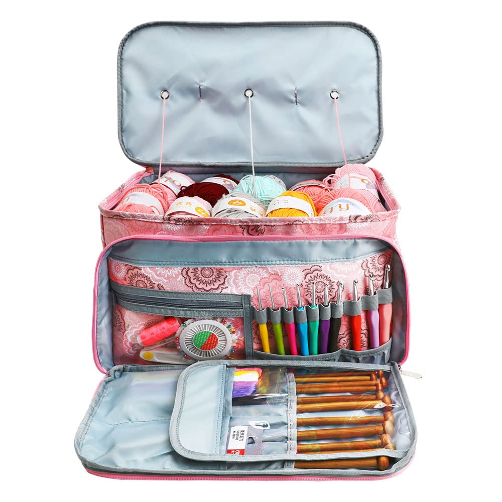 Looen Crochet Bag, Yarn Storage Organizer Tangle Free with 3 Grommets, Knitting Bag and Totes Organizer Large Craft Supplies for unfinished projects (Pink)
