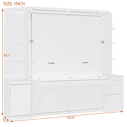 Merax Queen Murphy Bed with Desk and Storage, Hidden Wall Bed with Foldout Workstation, Shelves and Cabinets for Space-Saving Home Office, White