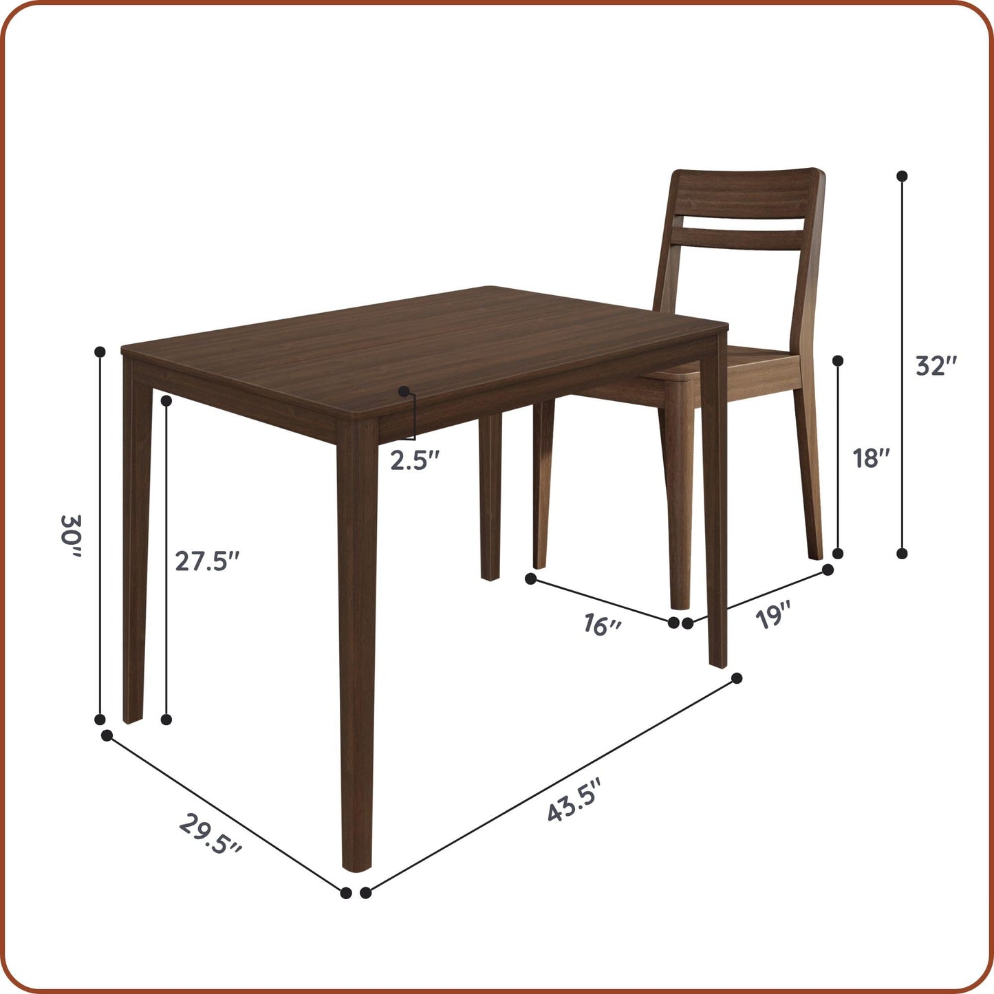 Grain & Grove Crew 5-Piece Dining Set – Solid Wood 43” Rectangular Table and 4 Chairs, Seats 4, Small Kitchen or Dining Room Set, Easy Assembly, Walnut