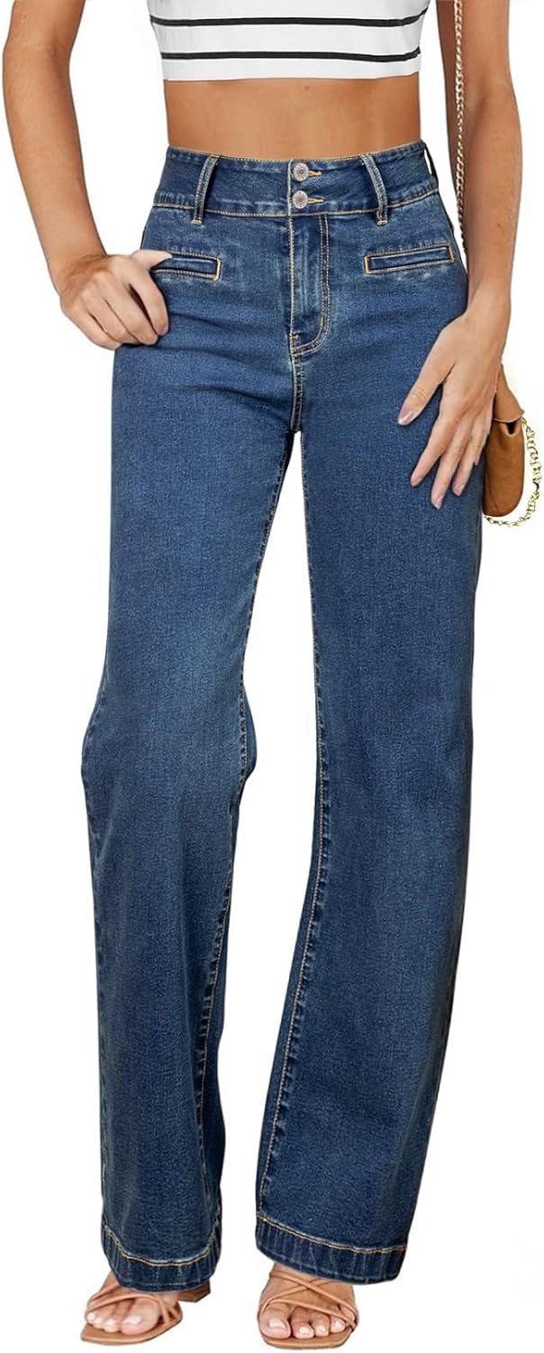 Sidefeel Women's Jeans High Waisted Straight Leg Stretchy Jeans Trendy Welt Pockets Loose Wide Leg Zimbaplatinum Denim Pants