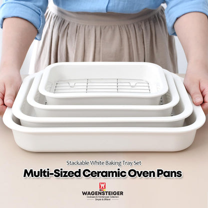 Wagensteiger Ceramic Roasting Pan, Baking Dish with Stainless Steel Rack, Non Stick Chicken Roaster Pan, Microwave or Conventional Oven Cooking, Food Prep Tools, White Color (White, 2.94 Quarts)