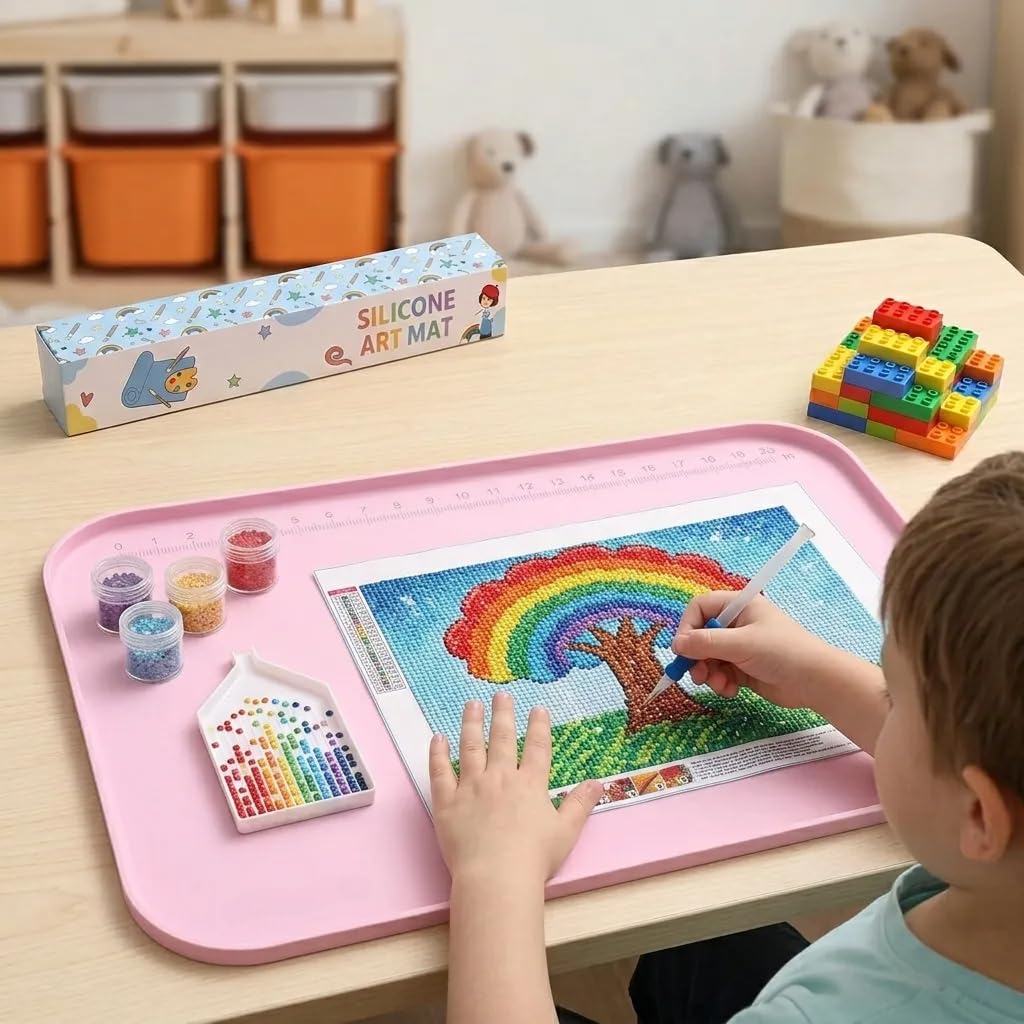 AWOKE 24"x16" Silicone Mats for Crafts with 0.7" High Edges, Large Leak-Proof Art Mat for Playdoh, Resin, Painting, Clay, Slime,Beads, Lego, Puzzle, Non-Stick & Non-Slip Table Protector for Kids, Pink