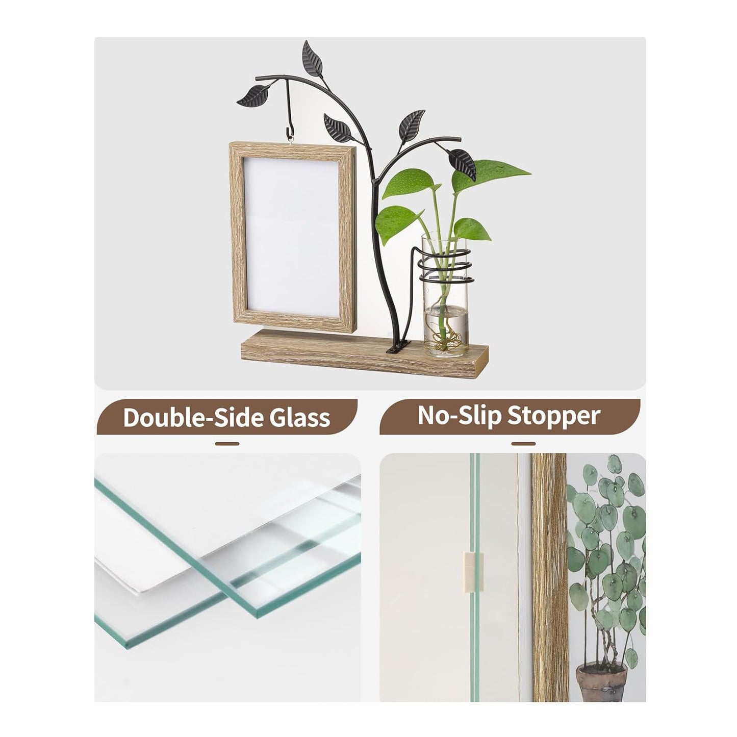 AKAZA 4x6 Picture Frames Family Desk Office Rustic Photo Frame, Water Plants Flowers Floating Double Glass Vase Tabletop Standing Home Decor, Wedding Grandma Mother Mom Gift (Dark Brown)