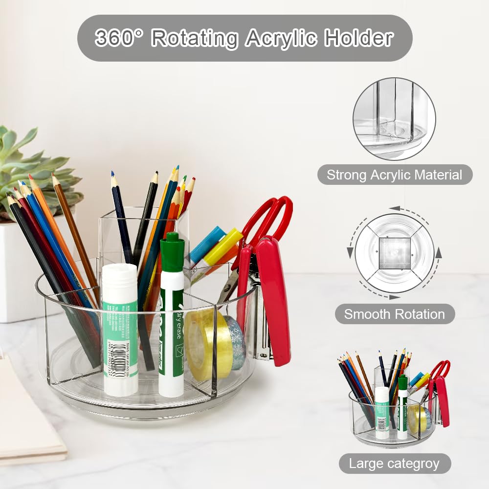 YOFANNER Rotating Acrylic Pen Holder, Clear Pencil Holder for Desk, 360 Degree Rotating Makeup Brush Holder and Storage Organizer, Modern Desk Organizer for School, Home and Office.