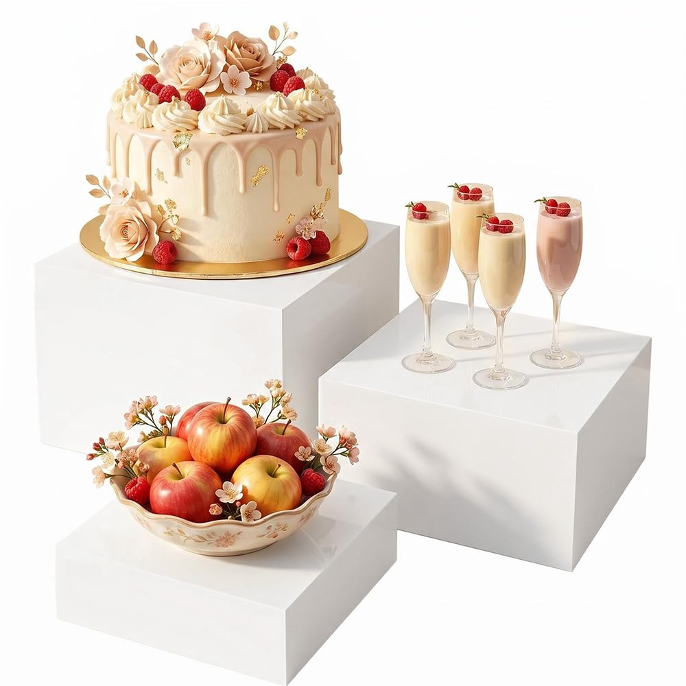 Oubou 3pcs Buffet Risers,Food Risers for Buffet Table Display Stand Shelf for Party Catering Desset Jewelry Collectibles Acrylic Cube Boxes Display Nesting Risers with Hollow Bottoms White