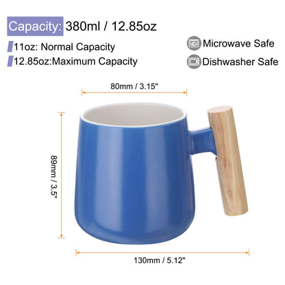 HARFINGTON Ceramic Coffee Mug 12.85 Oz Simple Wooden Handle Large Tea Cup Handmade Ceramic Mugs Gift Set with Lid and Spoon for Office Kitchen Home and Gifts for Women and Men, Blue