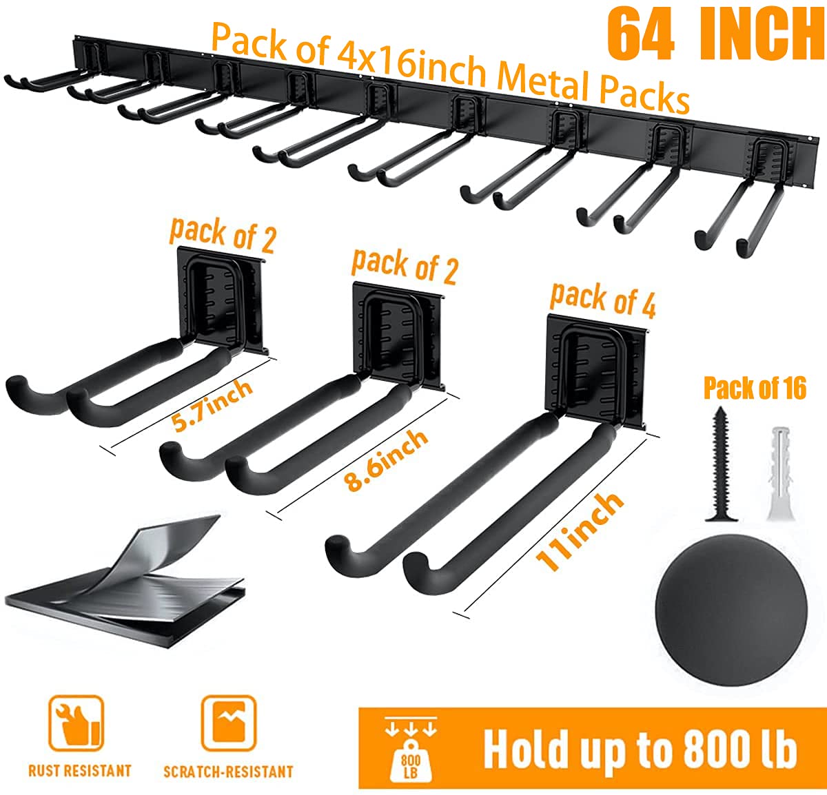 TORACK Tool Storage Rack, Heavy Duty Steel Garage Wall Mount Garden Tool Organizer for Ladders, Chairs, Shovels, Broom, Power tools (8-Pack 5.7"-11" Mixed Hooks, up to 800 lbs)