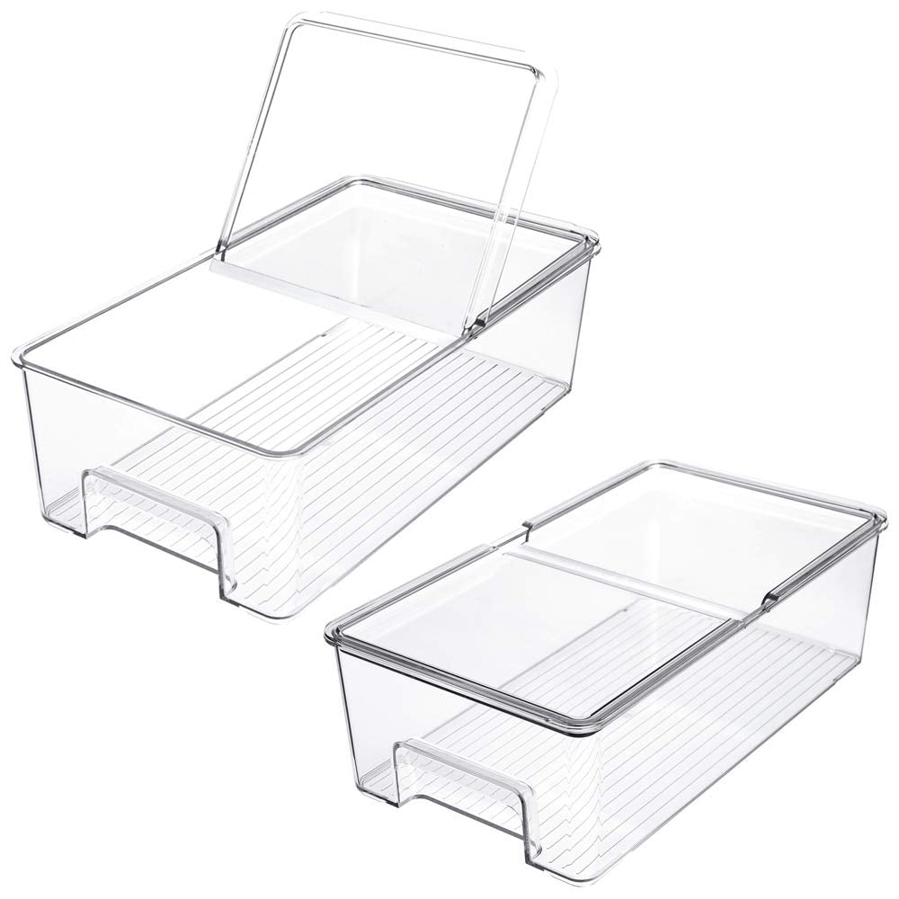 SANNO Vegetable Refrigerator Organizer Food Bins with lids Large Stackable Fridge Clear Organizers Kitchen Cabinet Organizer for Freezer, Kitchen, Countertops, Cabinets Pantry Storage Bins，set of 2