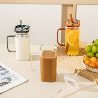 FUENYEJIA 13 Lided straw glass cup, ounce iced coffee cup for juice, milk, coffee, cappuccino, latte, cold drinks