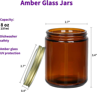 12 Pack 8 Oz Amber Glass Jars with Lids, Small Canning Jars for Food Storage, Spices, Homemade Cosmetics