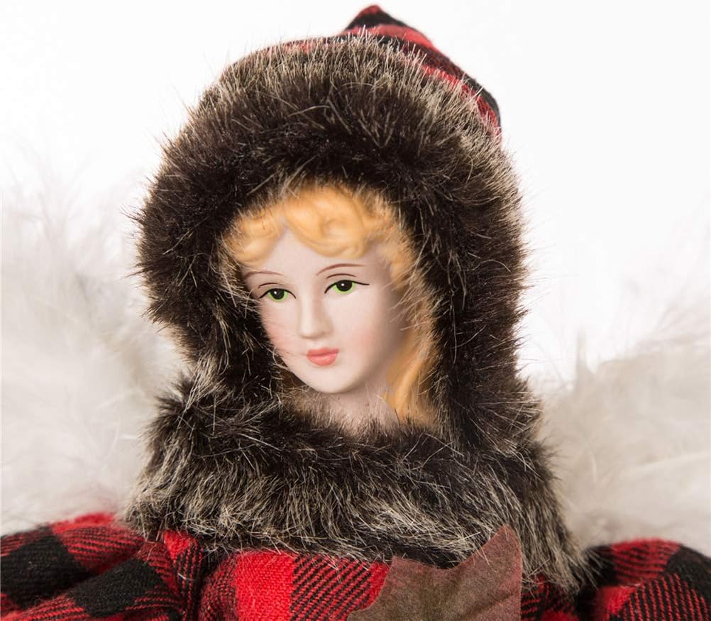 Glitzhome Handmade Plaid Angel Figurine Christmas Treetop Ornament, 12" H, Red & Black