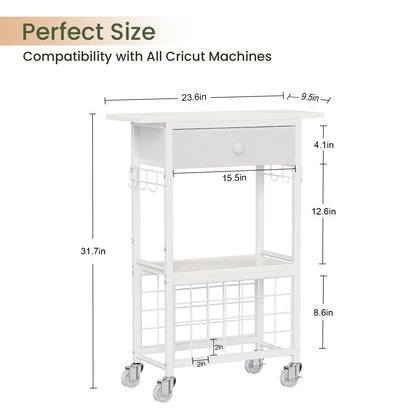 Snughome Craft Cart Compatible with Cricut Maker, Craft Organizers and Storage Table for Cricut Cart with Wheels, Drawer and 28 Vinyl Roll Holders, White, 23.6"(L) x 9.5"(D) x 31.7"(H)