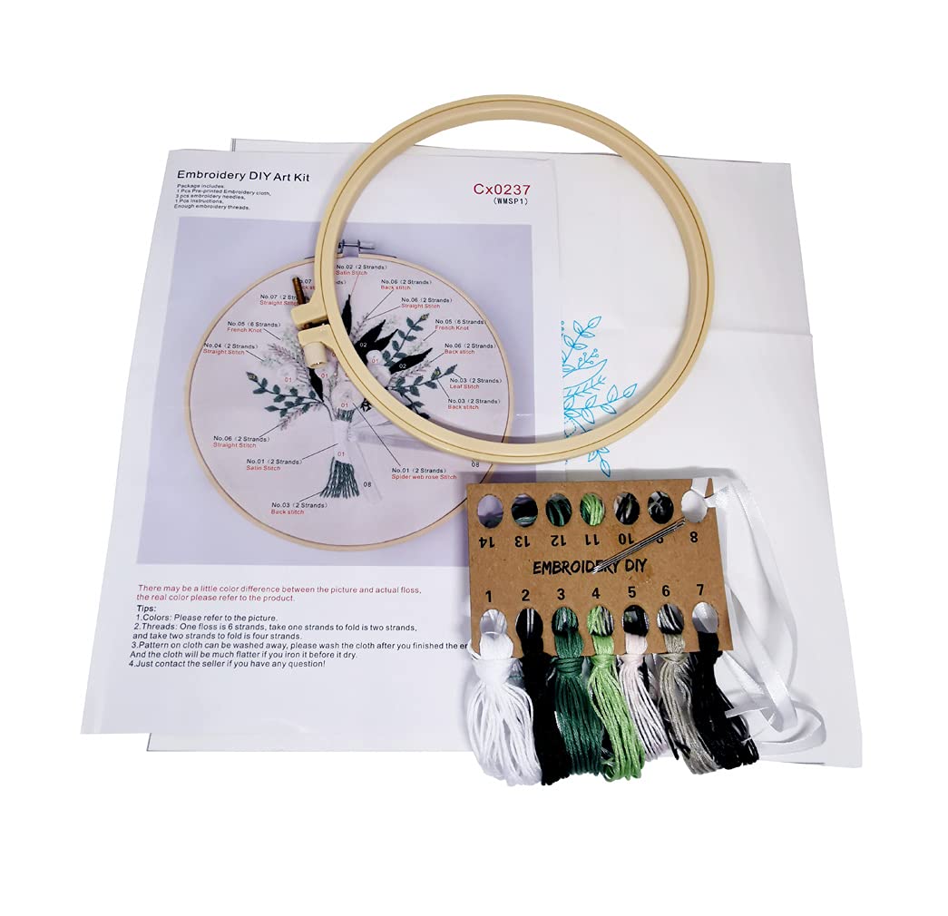 3 Sets Embroidery Starter Kit with Pattern and Instructions,Cross Stitch Beginner Kits with Frame,3 Plastic Embroidery Hoops,3 Embroidery Clothes and Color Threads (3 X Flower Pattern)