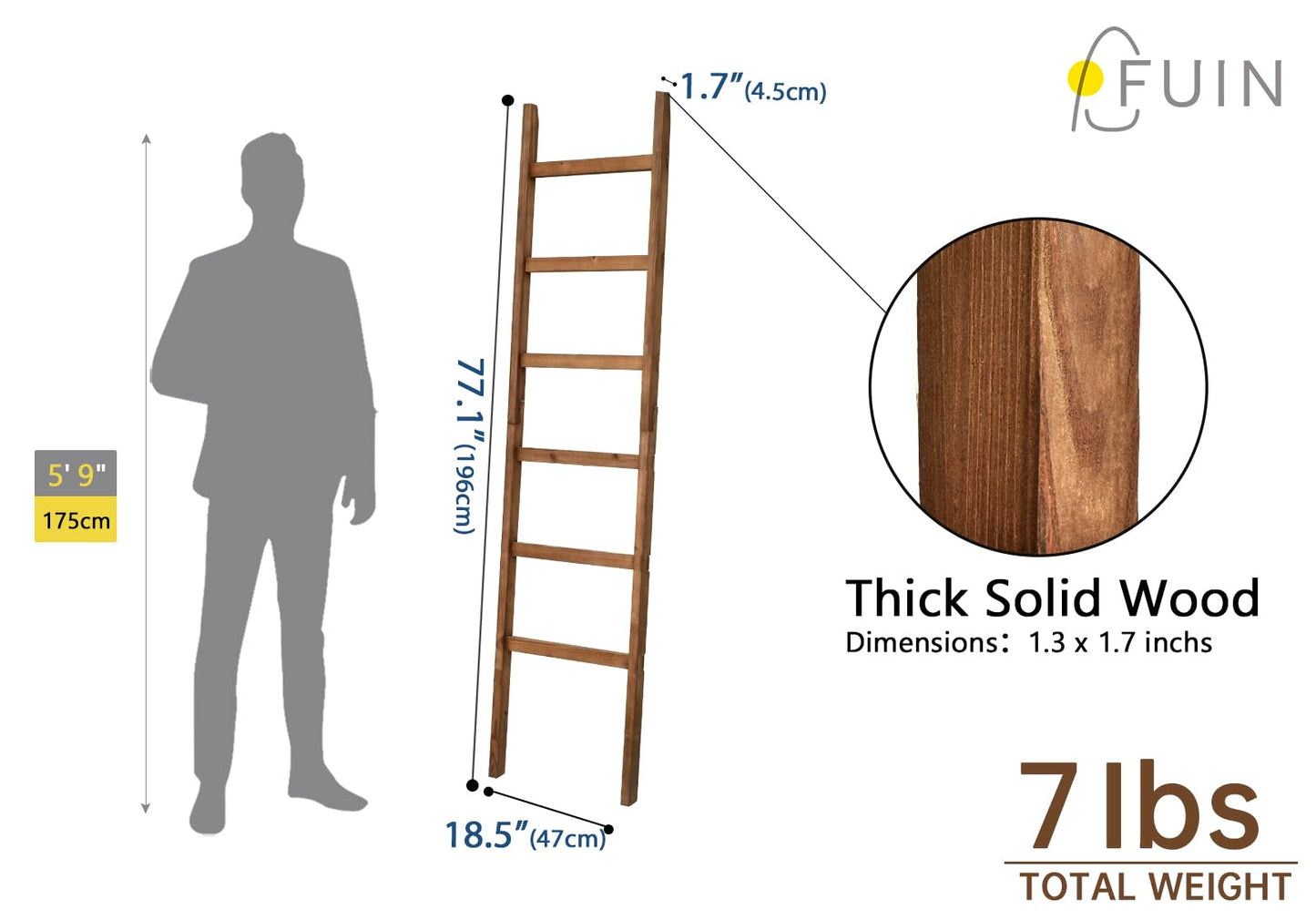 FUIN 6.4ft Extra Wide Wooden Blanket Ladder Living Room Decorative Wal Leaning Farmhouse Quilt Display Holder Rustic Wood Towel Rack for Bathroom, Brown, 18.5 inch Wide