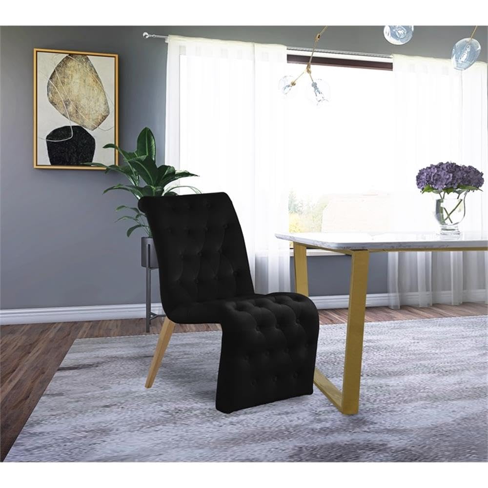 Meridian Furniture 920Black-C Curve Collection Modern | Contemporary Velvet Upholstered Dining Chair with Deep Detailed Button Tufting and Gold Iron Legs, Black, 19.5" W x 30" D x 36.5" H, Set of 2