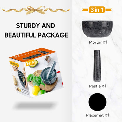Tera Marble Mortar and Pestle Set Small Bowl Solid Stone Grinder Spice Herb Grinder Pill Crusher (Black, Diameter 4.64")