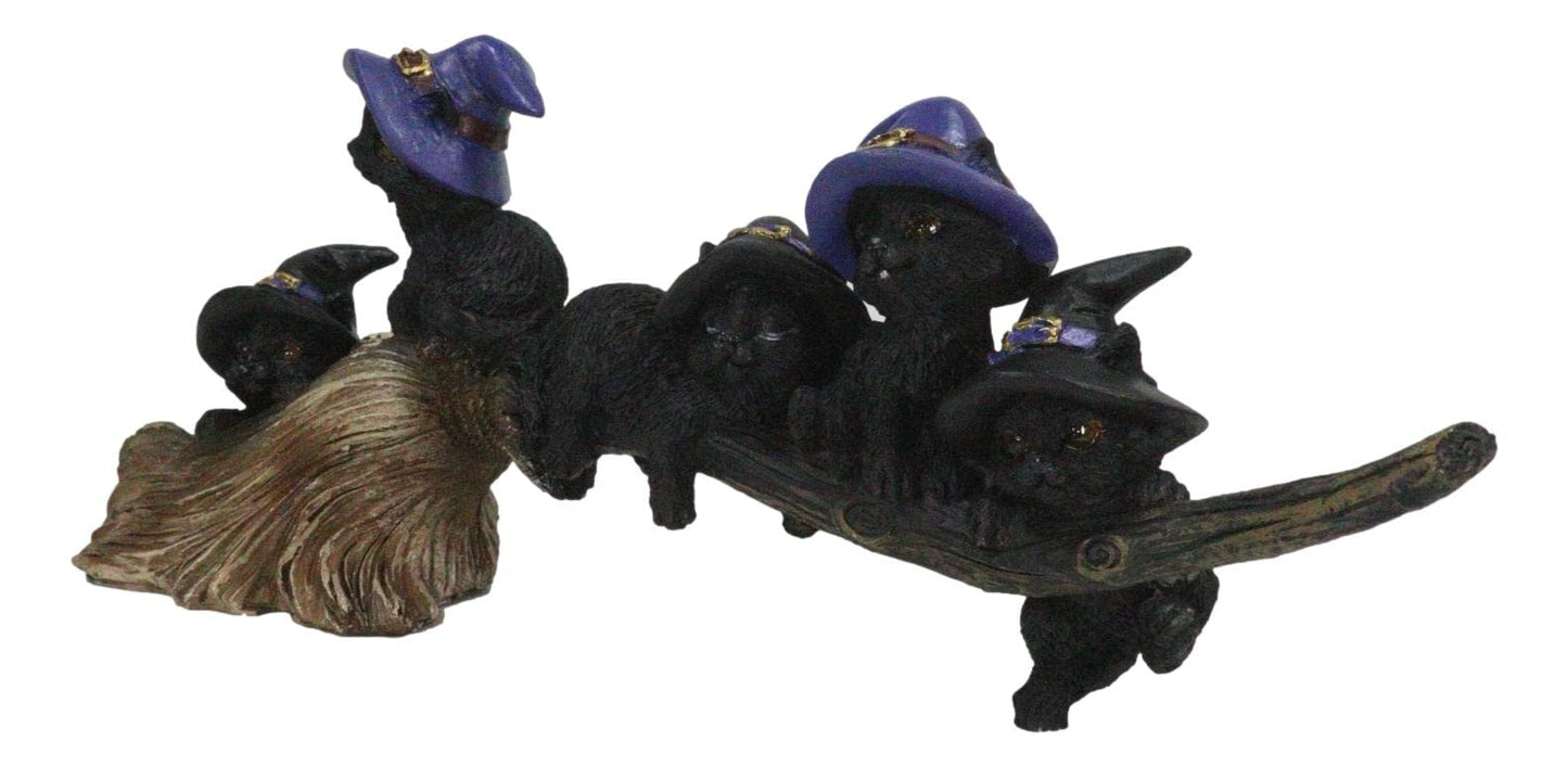 Ebros Gift Lifelike Witching Hour Halloween 5 Black Cats with Witch Hat Riding Long Magical Broomstick Figurine with Glass Eyes Witches Wicca Occult Feline Kittens Decor Figurine