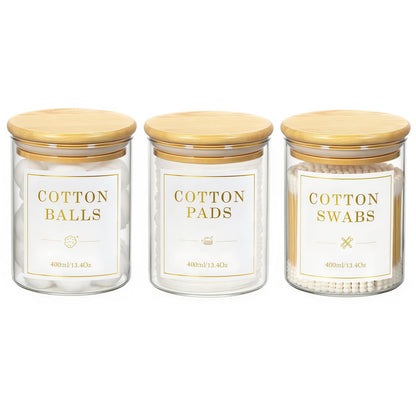 Luxspire 3 Pack Glass Qtip Holder Dispenser, 13.4 oz Cotton Swab Holder with Bamboo Lids, Glass Apothecary Jars Bathroom Accessories Canisters for Cotton Swabs, Balls, Pads, Floss Picks