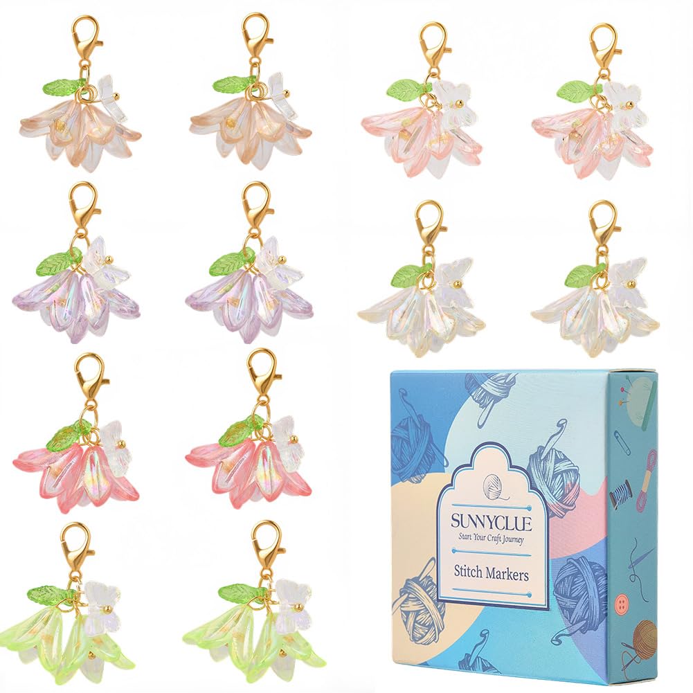 SUNNYCLUE 1 Box 30Pcs Flower Stitch Marker Knitting Markers Charms Bulk Acrylic Pink White Spring Lily Butterfly Clasps Hooks Crochet Charms for Jewelry Making Crafts Weaving Sewing Supplies Beginner