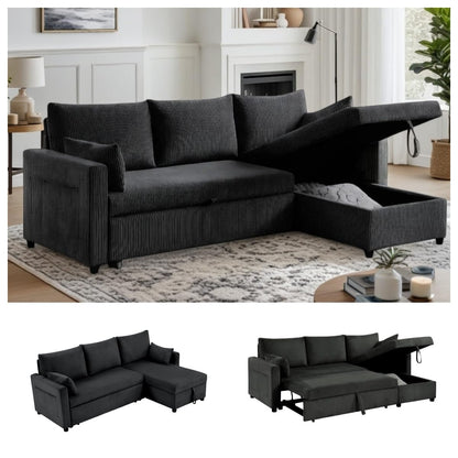 Trygoal Sectional Sleeper Sofa with Pull Out Bed, L Shape Convertible Sofa Bed Couch with Storage Chaise, 3 in 1 Pull Out Sofa Bed with 3 Seats for Living Room,Apartment, Black, 85Inch