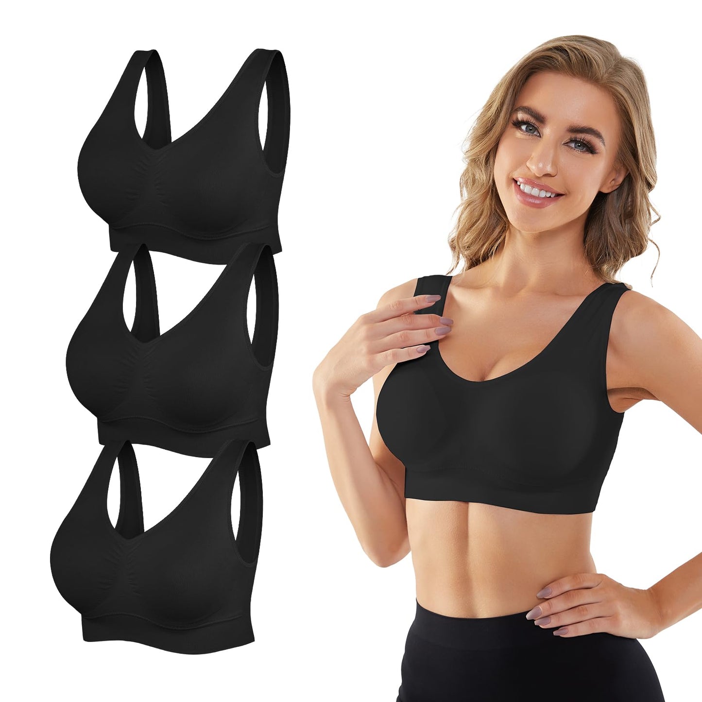 YADIFEN 3 Pack Womens Sports Bras，Wireless Comfortable Seamless Sleep Yoga Sports Bras for Women with Removable Pads