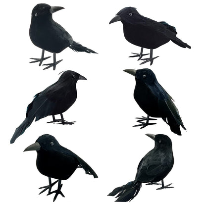 6 Pieces Halloween Black Feathered Crows - Realistic Handmade Ravens for Indoor Outdoor Decoration, 3 Styles