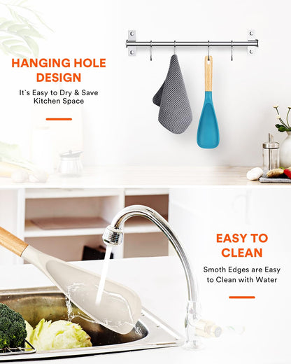 Cooking Spoon for Nonstick Cookwares, Great for Cooking and Serving Sturdy BPA-Free Matte Silicone, Wood Handle Spoon for Mixing, Scoop, and Scrape (Khaki & Turquoise, 11.4 inch)