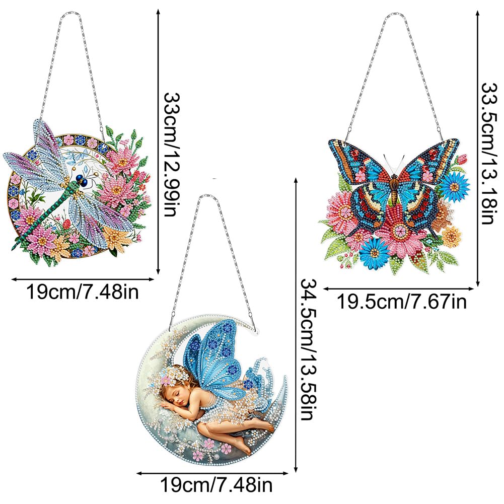 C'eitura 3Pcs 5D DIY Acrylic Fairy Dragonfly Butterfly Diamond Art Painting Hanging Pendants,Double-Sided Rhinestone Crystal Craft for Garden, Window, and Home Decor