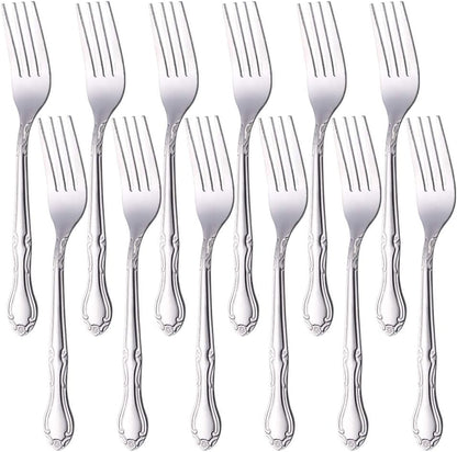 12-Piece Stainless Steel Dinner Fork Set, 7.3-inch Classic Flatware Silverware with Flower Edge - Silver