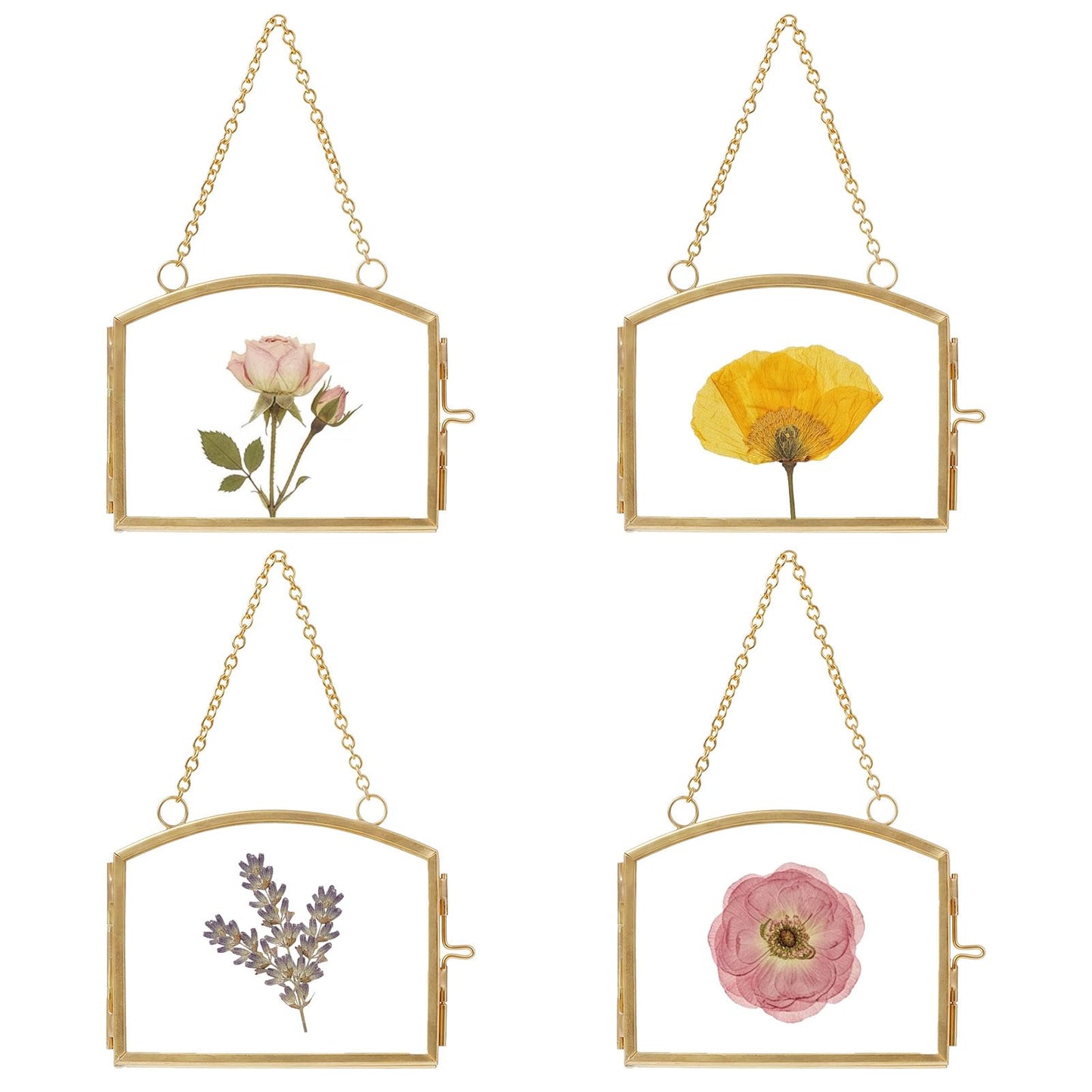 FOCHIER 4 Pcs Double Glass Frame for Pressed Flowers Floating Hanging Photo Frame 3x2 in Brass Clear Pressed Flower Decor with Chain for Display Gallery Artwork, Horizontal Vertical, Gold