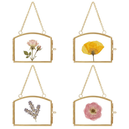 FOCHIER 4 Pcs Double Glass Frame for Pressed Flowers Floating Hanging Photo Frame 3x2 in Brass Clear Pressed Flower Decor with Chain for Display Gallery Artwork, Horizontal Vertical, Gold