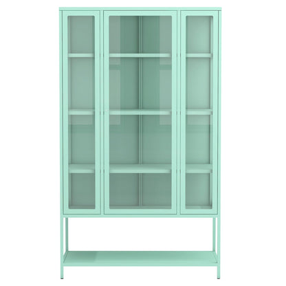 Merax 67" Tall Glass Display Cabinet with Adjustable Shelves and LED Lights, for Collectibles, Modern Steel Storage Curio Cabinet with 3-Sided Glass Display Case for Home Office Study Room, Cyan